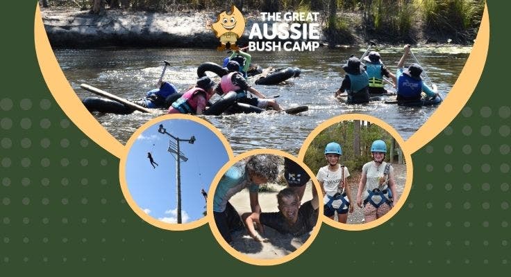 Students kayaking, students wearing climbing harness equipment, students on the power fan activity at the bush camp